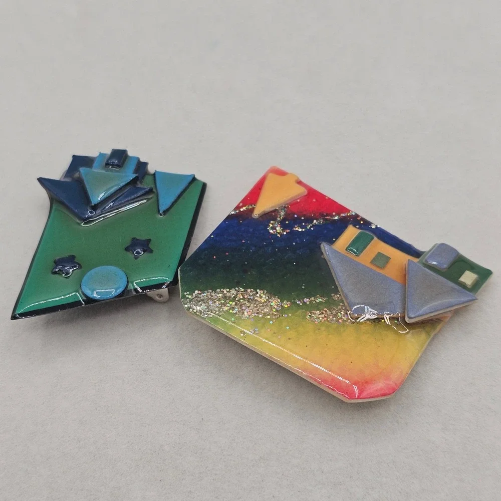 Vintage House Pins by Lucinda Resin Rainbow Night Landscape Glitter Brooch Set